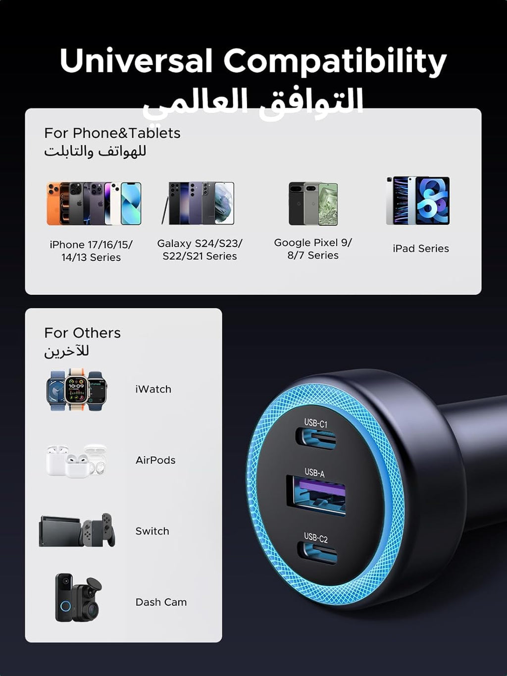 UGREEN USB C Car Charger, 30W 3-Port