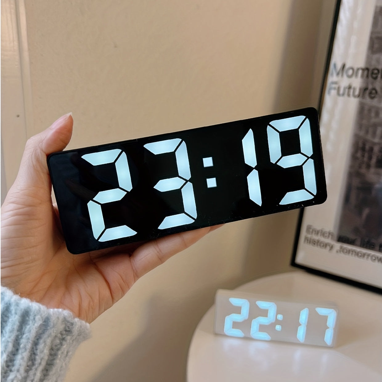 Modern LED Digital Alarm Clock with Temperature & Adjustable Brightness - Large LCD-like Display, 12/24H Time, Battery- (No Adapter) Bedside Clock for Smart, Room, Office - Easy-to-Read White Border Digital Clock