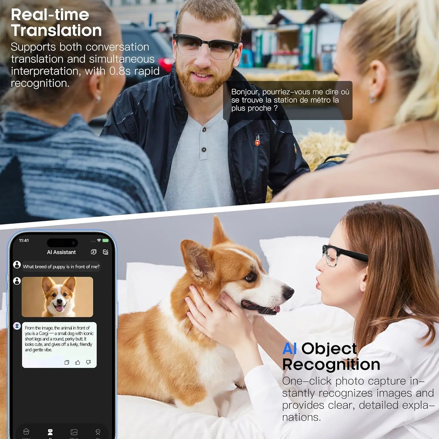 800W Pixel Camera AI Smart Glasses Video Recording