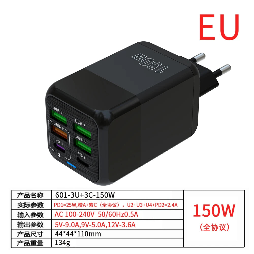 150W 6 Ports Pd QC 4.0 Usb C Fast Charger