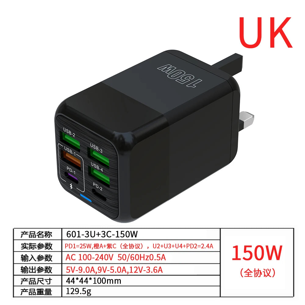 150W 6 Ports Pd QC 4.0 Usb C Fast Charger