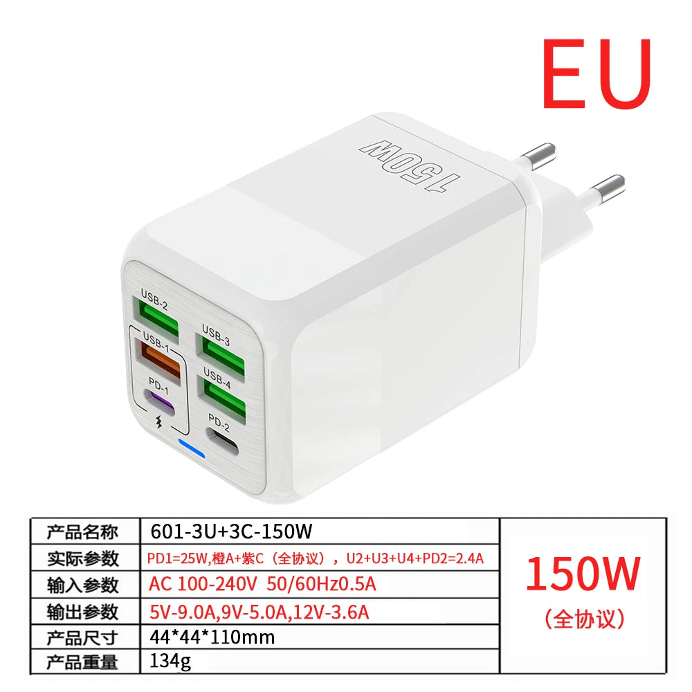 150W 6 Ports Pd QC 4.0 Usb C Fast Charger