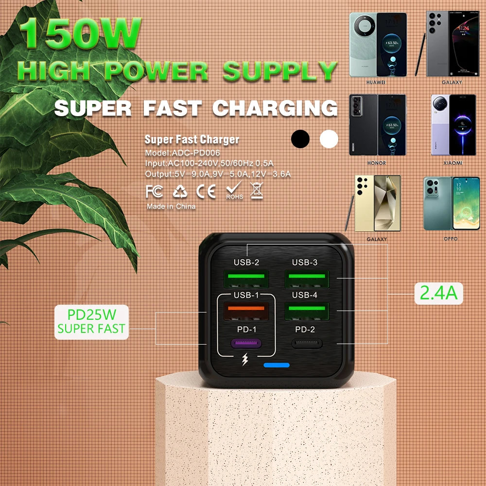 150W 6 Ports Pd QC 4.0 Usb C Fast Charger