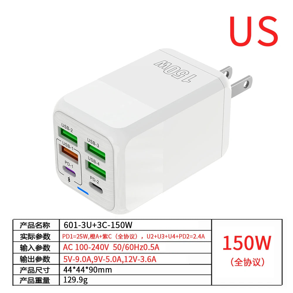 150W 6 Ports Pd QC 4.0 Usb C Fast Charger