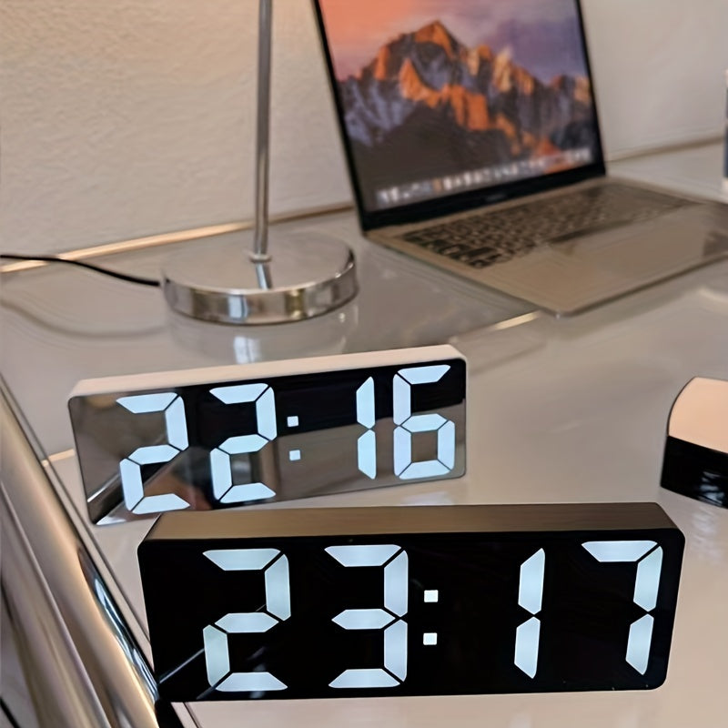 Modern LED Digital Alarm Clock with Temperature & Adjustable Brightness - Large LCD-like Display, 12/24H Time, Battery- (No Adapter) Bedside Clock for Smart, Room, Office - Easy-to-Read White Border Digital Clock